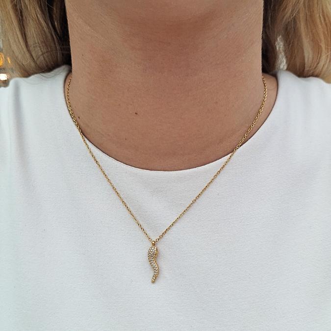 Collana Cornetto Portafortuna in Acciaio Inossidabile e Zirconcini Oro/Argento Lunghezza 39-45cm Chiusura Moschettone Regolab