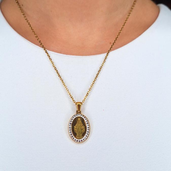 Collana con Madonnina e Strass in Acciaio Inossidabile Oro/Argento Lunghezza 44-49cm Chiusura Moschettone Regolabile