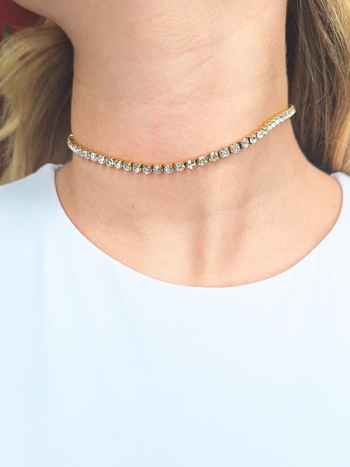 Collana Choker Tennis con Zirconcini in Acciaio Inossidabile Argento e Oro Chiusura a Scorrimento Lunghezza 32-39cm Perfetta 