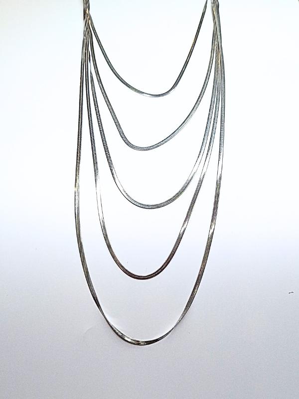 Collana Lunga Fishbone a 5 fili in Acciaio Inossidabile Argento  Chiusura Moschettone Regolabile Resistente all'Acqua