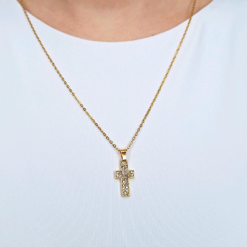 Collana Girocollo in Acciaio Inossidabile con Croce Pendente in Metallo in colore Argento e Oro