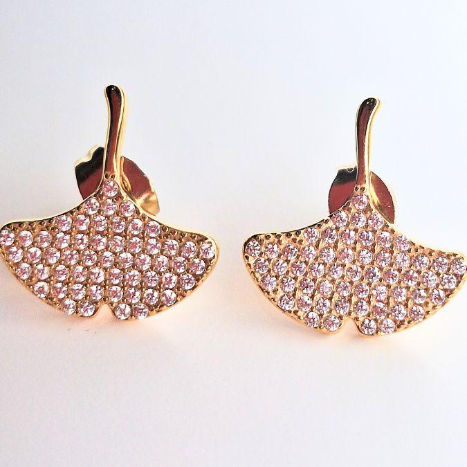 Orecchini Gingko Biloba Strass in Acciaio Inossidabile Oro/Argento con strass Resistente all'Acqua 1,6cm x 1,5cm