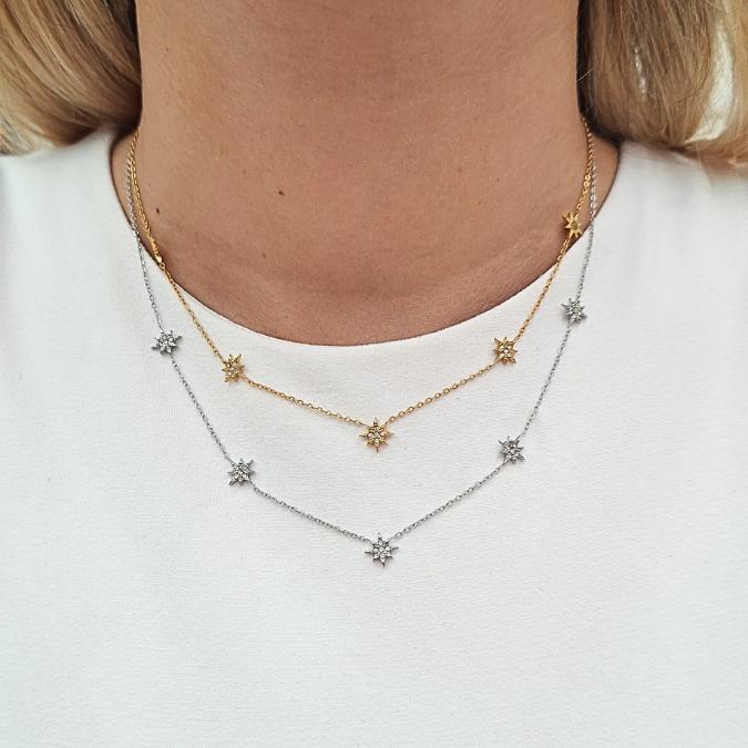 Collana Polar Stars in Acciaio Inossidabile e Strass Oro/Argento Lunghezza 39-44cm con Chiusura Moschettone Regolabile