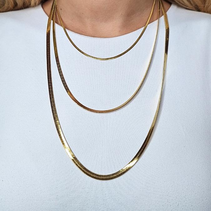 Collana FishBone a 3 Fili di Lunghezze Diverse in Acciaio Inossidabile Argento o Oro Lunghezza 30-35cm Chiusura Moschettone R