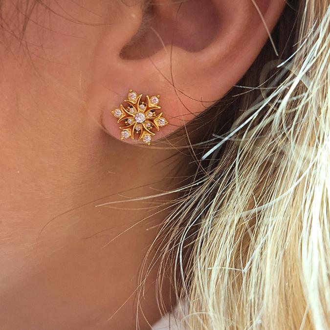 Orecchini Snowflakes in Acciaio Inossidabile Colore Argento o Oro con Zirconcini Incastonati e Chiusura a Perno Resistente al